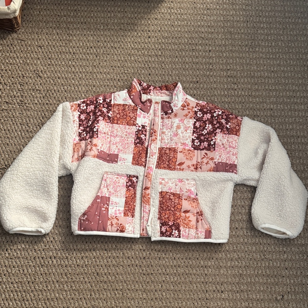 Altar'd State Patchwork Sherpa Jacket - Pink and White